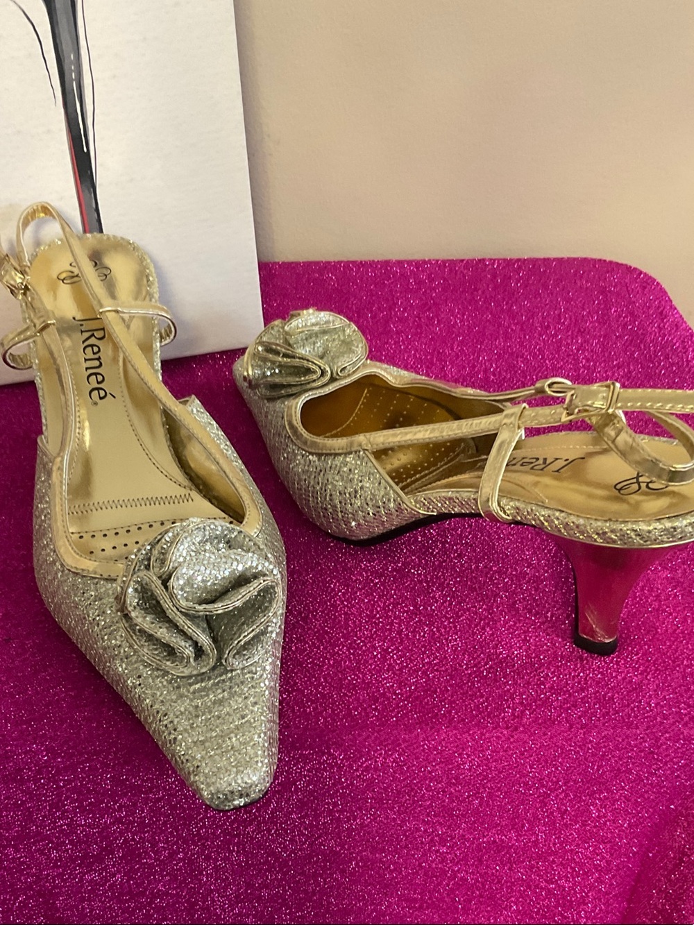 J.Renee Gold Glitter Pointed Slingback Heels with Rosette Accent